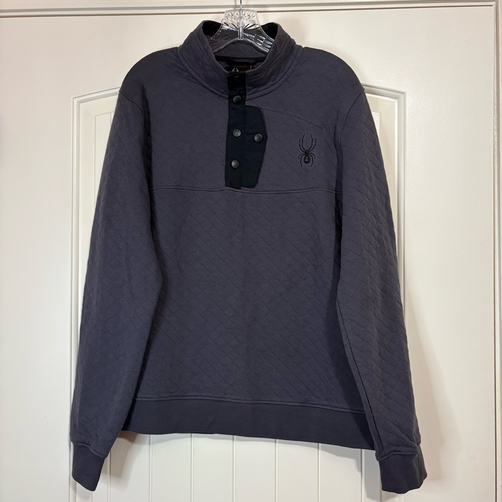 Spyder Large Pull-Over Charcoal Grey Sweater Quarter Button Quilted‎ Sweatshirt